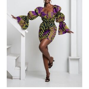Ofuure African Print Mini Dress Purple Yellow Ankara Puff Sleeve Wrap Front M